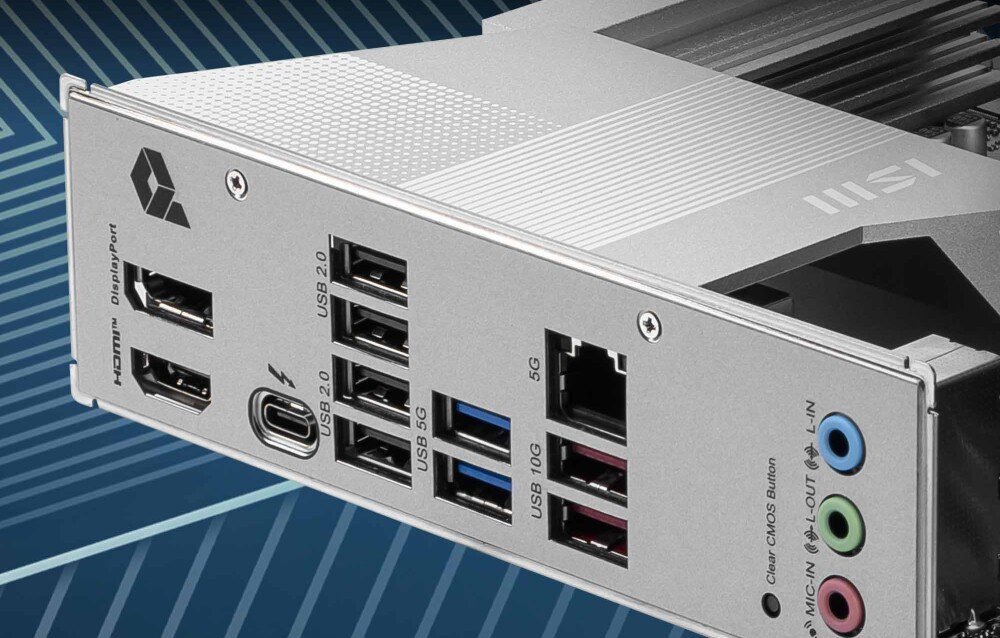 Płyta główna MSI Pro B860-P Widok na panel tylny płyty głównej, zawierający porty USB różnych standardów, HDMI, DisplayPort, złącze sieciowe 5G oraz wyjścia audio. Wyróżniono także port USB-C z obsługą Thunderbolt, porty, złącza, karta sieciowa,