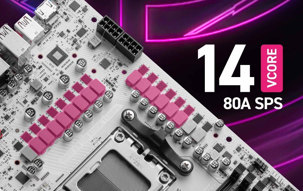 Płyta główna MSI MPG X870E Edge Ti WiFi Sekcja zasilania procesora z 14-fazowym systemem VRM, podświetlone różowym kolorem elementy 80A Smart Power Stage, otoczone wysokiej jakości kondensatorami, system zasilania, moc, podkręcenie