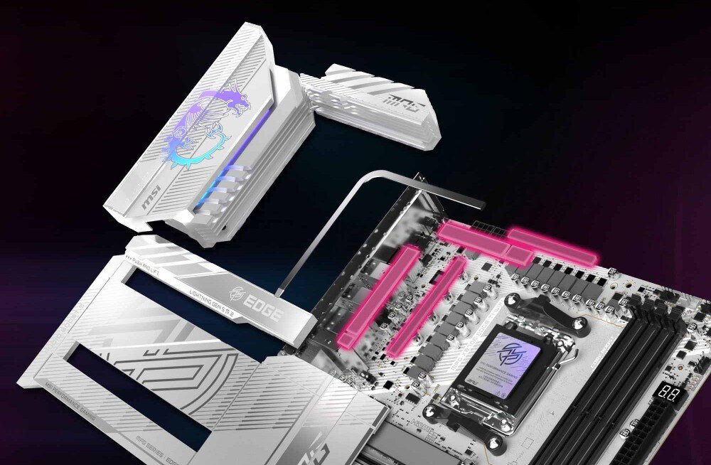 Płyta główna MSI MPG X870E Edge Ti WiFi Chłodzenie sekcji zasilania z odsłoniętymi elementami układu termicznego, w tym radiatory i termopady zaznaczone na różowo, chłodzenie, temperatura, termopady, wentylatory