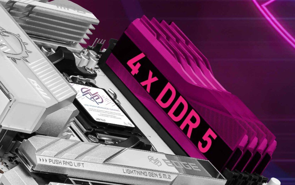Płyta główna MSI MPG X870E Edge Ti WiFi Sloty pamięci RAM DDR5 w czarnym kolorze, podświetlone różowym efektem, ukazujące cztery banki pamięci, pamięć DDR5, taktowanie, profile EXPO