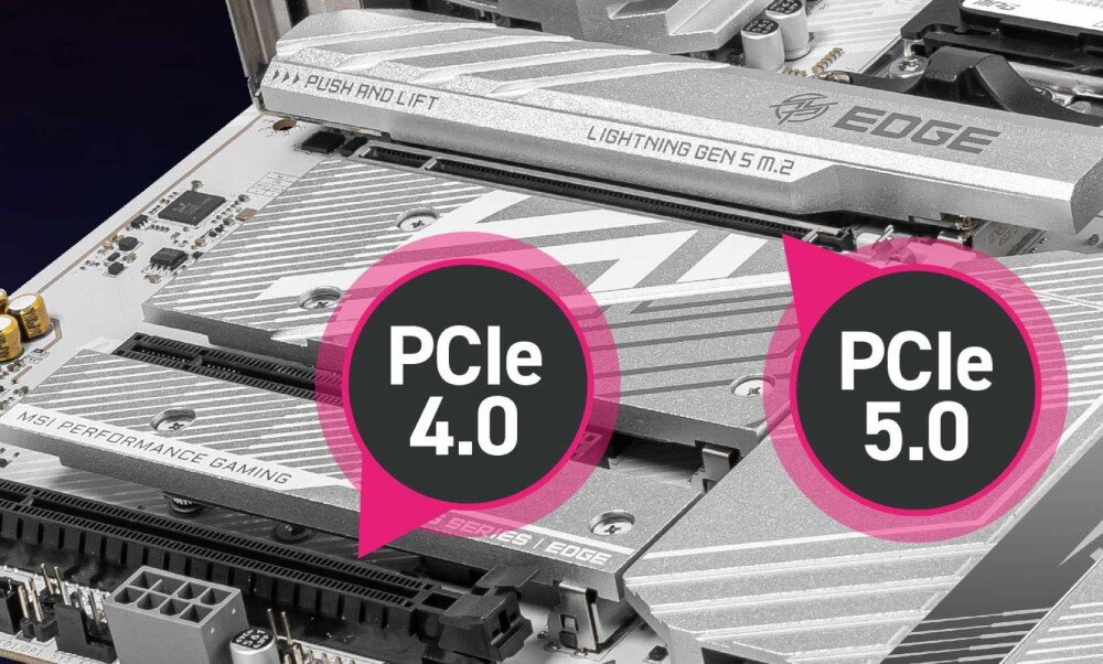 Płyta główna MSI MPG X870E Edge Ti WiFi Dwa gniazda PCIe – jedno w standardzie 5.0 i drugie 4.0, osłonięte srebrnymi osłonami z oznaczeniami producenta, interfejsy, wzmocnienie Steel Armor
