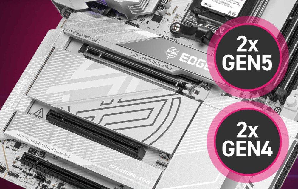 Płyta główna MSI MPG X870E Edge Ti WiFi Cztery złącza M.2 do dysków SSD NVMe, dwa w standardzie Gen5 i dwa Gen4, oznaczone odpowiednimi etykietami, dyski SSD M.2, przepustowość