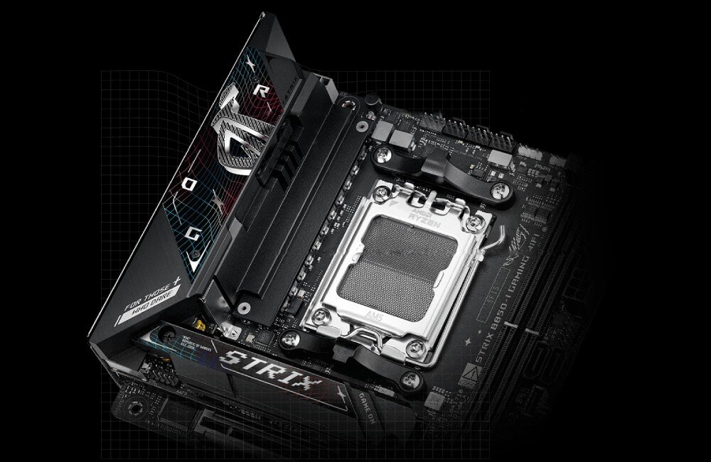 Płyta główna ASUS ROG Strix B850-I Gaming WiFi chłodzenie radiatory termopady wentylatory złącza
