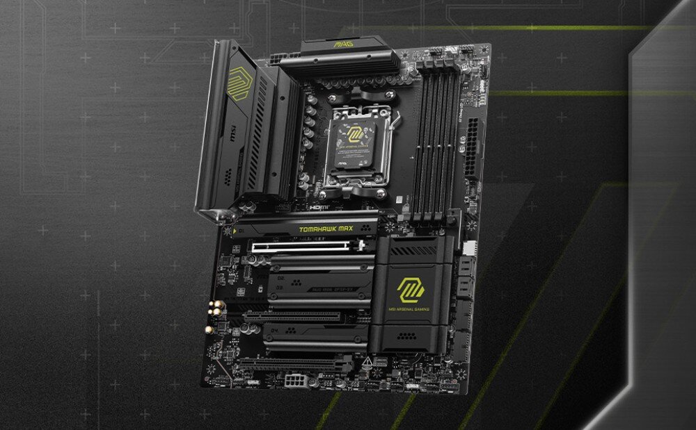 Płyta główna MSI MAG B850 TOMAHAWK MAX WIFI Widok przodem na czarną płytę główną w formacie ATX z oznaczeniami producenta i modelu, opis