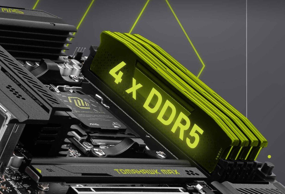 Płyta główna MSI MAG B850 TOMAHAWK MAX WIFI Moduły pamięci RAM DDR5 w czterech slotach płyty głównej. Zielone podświetlenie podkreślające kompatybilność z DDR5, pamięć, taktowanie, profile XMP EXPO