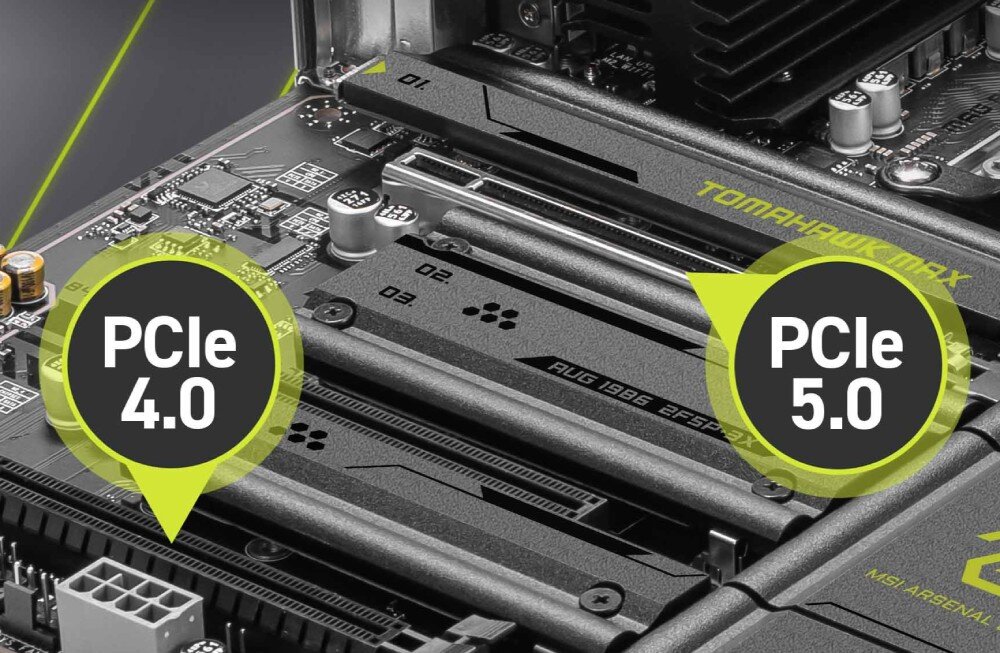 Płyta główna MSI MAG B850 TOMAHAWK MAX WIFI Dwa złącza PCIe – jedno w standardzie 5.0, drugie 4.0. Widoczne wzmocnienia slotów dla lepszej stabilności kart rozszerzeń, interfejsy, wzmocnienie Steel Armor II, gniazda rozszerzeń