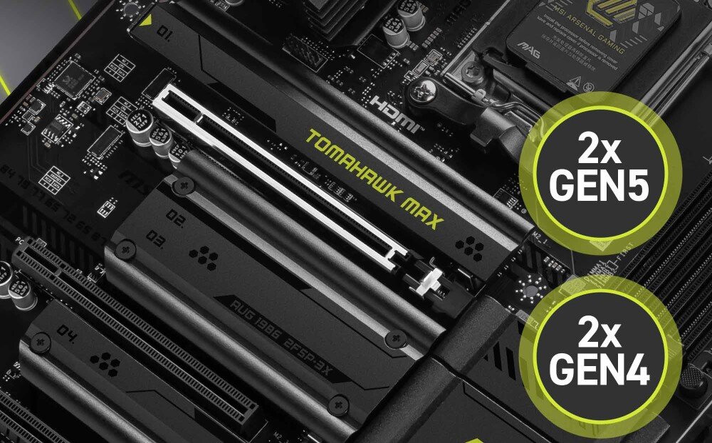 Płyta główna MSI MAG B850 TOMAHAWK MAX WIFI Cztery złącza M.2 z osłonami termicznymi. Dwa z nich obsługują standard Gen5, a dwa Gen4. Widoczne oznaczenia modelu płyty, dyski, przepustowość, osłony Shield Frozr