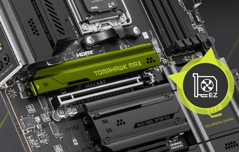 Płyta główna MSI MAG B850 TOMAHAWK MAX WIFI Osłona termiczna na jednym z gniazd M.2 oznaczona nazwą modelu. Po prawej stronie ikona ułatwionego montażu, montaż beznarzędziowy, ułatwienia, antena Wi-Fi