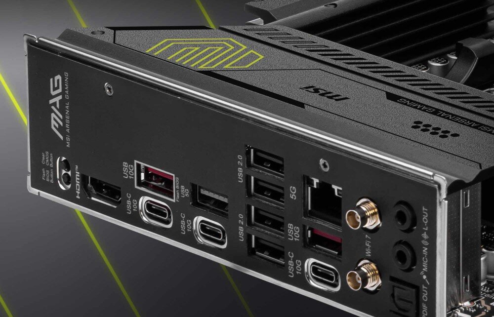 Płyta główna MSI MAG B850 TOMAHAWK MAX WIFI Panel tylny płyty głównej z portami USB, złączem LAN 5G, antenami Wi-Fi oraz złączami audio, łączność, Wi-Fi, LAN, Bluetooth, złącza