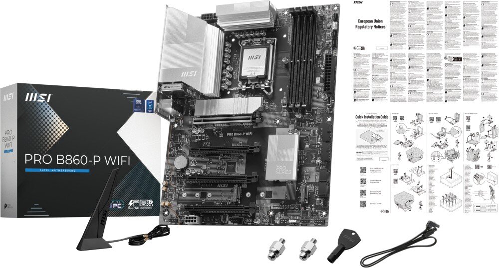 Płyta główna MSI Pro B860-P WiFi Zdjęcie zawartości opakowania - płyta głowna antena i akcesoria - na białym tle