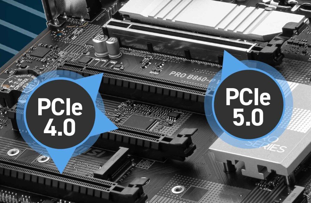 Płyta główna MSI Pro B860-P WiFi Sloty PCIe na płycie z wyróżnionymi oznaczeniami PCIe 5.0 oraz PCIe 4.0. Obok widoczne są punkty lutownicze i elementy wzmacniające konstrukcję slotów, interfejsy, wzmocnienie, zatrzask EZ PCIe Clip II