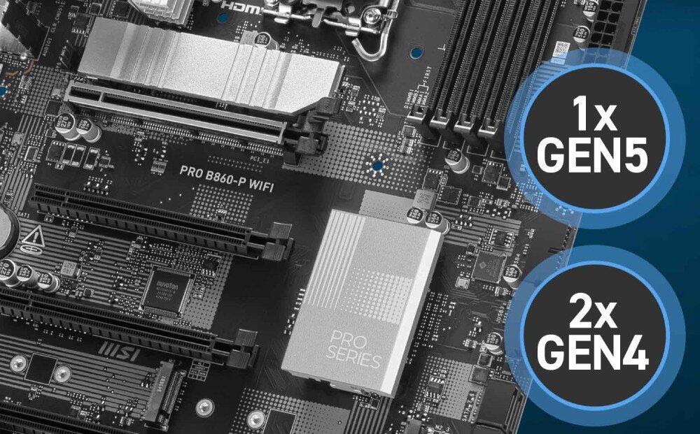 Płyta główna MSI Pro B860-P WiFi Fragment sekcji M.2 na płycie z zaznaczonymi trzema gniazdami – jedno w standardzie Gen5 i dwa Gen4. Widoczna osłona termiczna oraz oznaczenia interfejsów, dyski SSD, złącza, standardy