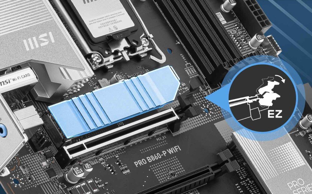 Płyta główna MSI Pro B860-P WiFi Ujęcie slotu M.2 z osłoną chłodzącą EZ M.2 Shield Frozr. Obok ikona symbolizująca łatwy montaż dysków SSD bez użycia narzędzi, montaż, ułatwienia, antena Wi-Fi