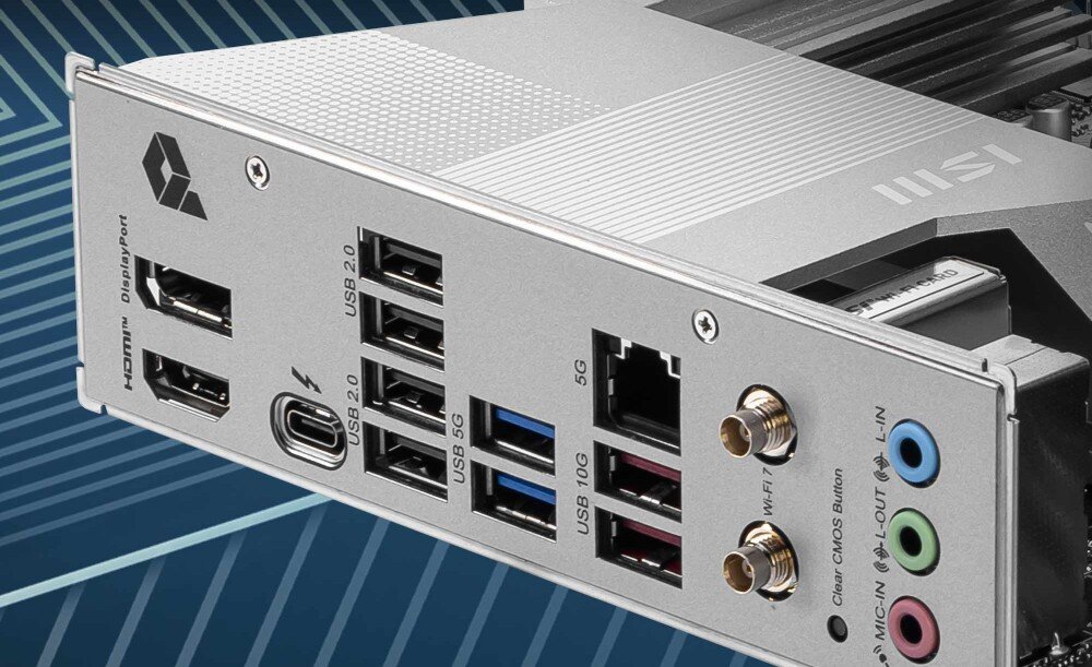 Płyta główna MSI Pro B860-P WiFi Widok na panel tylny płyty głównej, zawierający porty USB różnych standardów, HDMI, DisplayPort, złącze sieciowe 5G oraz wyjścia audio. Wyróżniono także port USB-C z obsługą Thunderbolt, porty, złącza, karta sieciowa, Wi-Fi 7