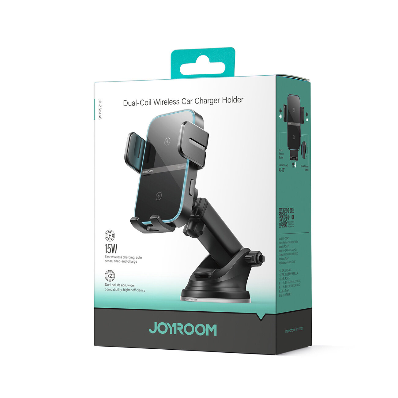 Opakowanie produktu z uchwytem i ładowarką bezprzewodową do samochodu, z napisem \'Dual-Coil Wireless Car Charger Holder\'. Widoczne logo \'JOYROOM\' oraz informacje o mocy 15W i funkcjach ładowania.