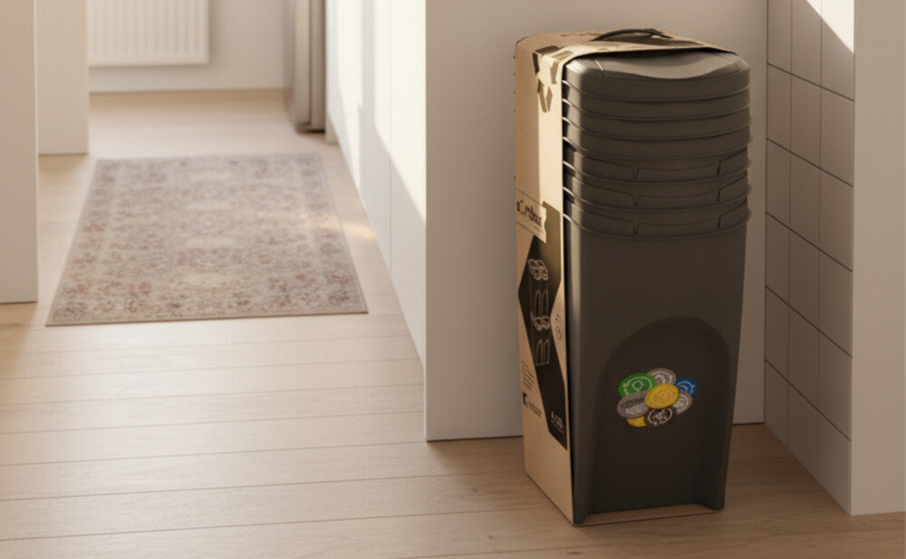 Kosza na śmieci KEDEN SORTIBOX IKWB35S4 4 x 35L Szary kamienny Estetyczny zestaw pojemność cztery pojemniki Szary kamienny kolor wymiary długość głębokość szerokość stabilne ustawianie jeden na drugim