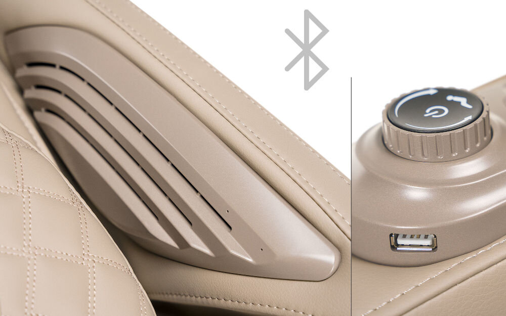 Fotel masujący IREST Queentri Czarno-beżowy Głośniki Bluetooth dźwięki muzyka port USB-C