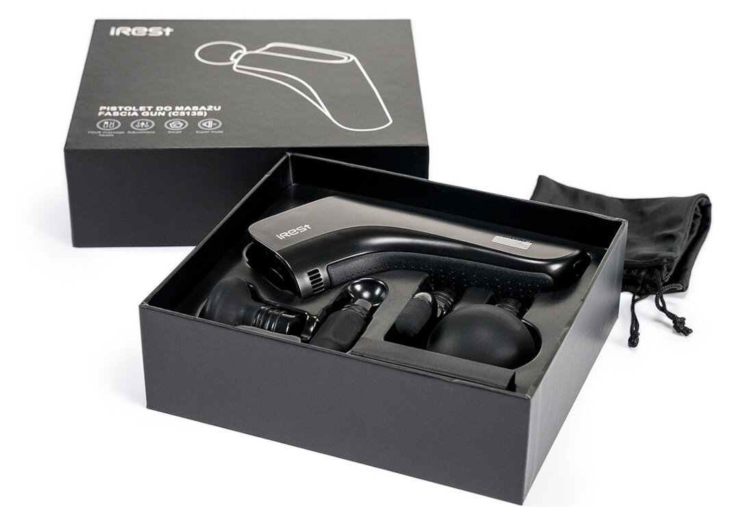 Masażer ręczny Gun IREST C513S Wymienne głowice masażujące cztery głowice do masażu różne partie łatwe dostosowane potrzeby d relaksu po intensywne rozbijanie spiętych mięśni uniwersalne rozwiązanie pielęgnacja
