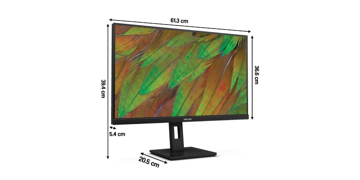 Monitor PHILIPS 27B1U3900/00 na białym tle - widoczne są wymiary monitora.
