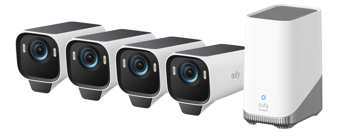 Zestaw kamer EUFY eufyCam S3 Pro Zewnętrzna, Wi-Fi (4 szt.) + Stacja bazowa, detal, MaxColor vision, kolor, dynamika, rozpoznanie, na białym tle kamera oraz stacja bazowa