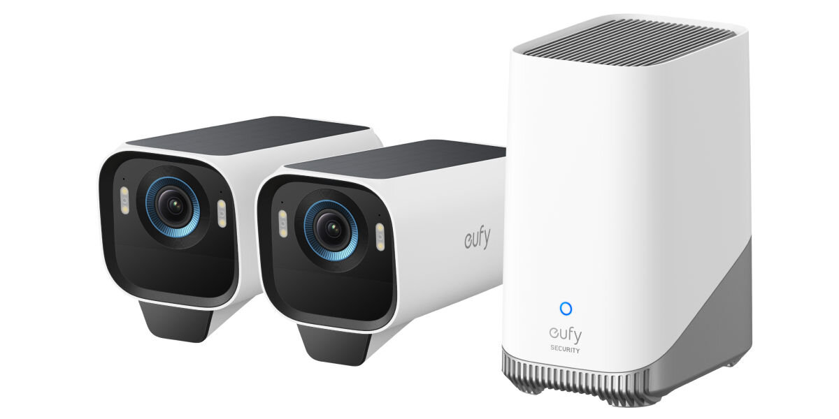 Zestaw kamer EUFY eufyCam S3 Pro Zewnętrzna, Wi-Fi (2 szt.) + Stacja bazowa, detal, MaxColor vision, kolor, dynamika, rozpoznanie, na białym tle kamera oraz stacja bazowa