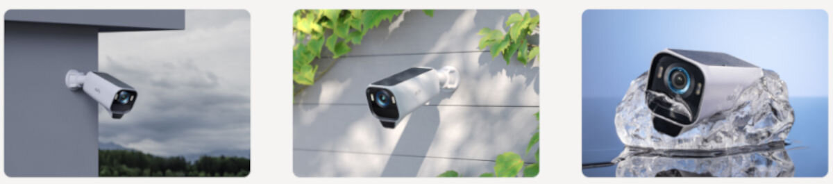 Zestaw kamer EUFY eufyCam S3 Pro Zewnętrzna, Wi-Fi (2 szt.) + Stacja bazowa, temperatury, kontrukcja, nagrywanie, roździelczość, na białym tle 3 zdjęcia kamery w różnego rodzaju warunkach