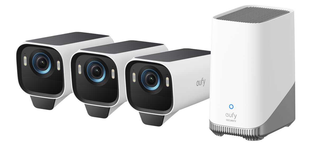 Zestaw kamer EUFY eufyCam S3 Pro Zewnętrzna, Wi-Fi (3 szt.) + Stacja bazowa, detal, MaxColor vision, kolor, dynamika, rozpoznanie, na białym tle kamera oraz stacja bazowa