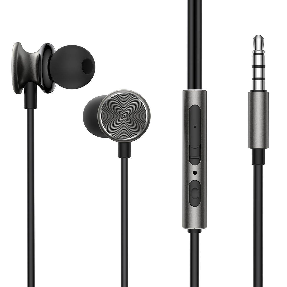 Na obrazie widoczne są czarne słuchawki przewodowe z wtykiem mini jack 3,5 mm oraz wbudowanym mikrofonem i przyciskiem sterującym na kablu.