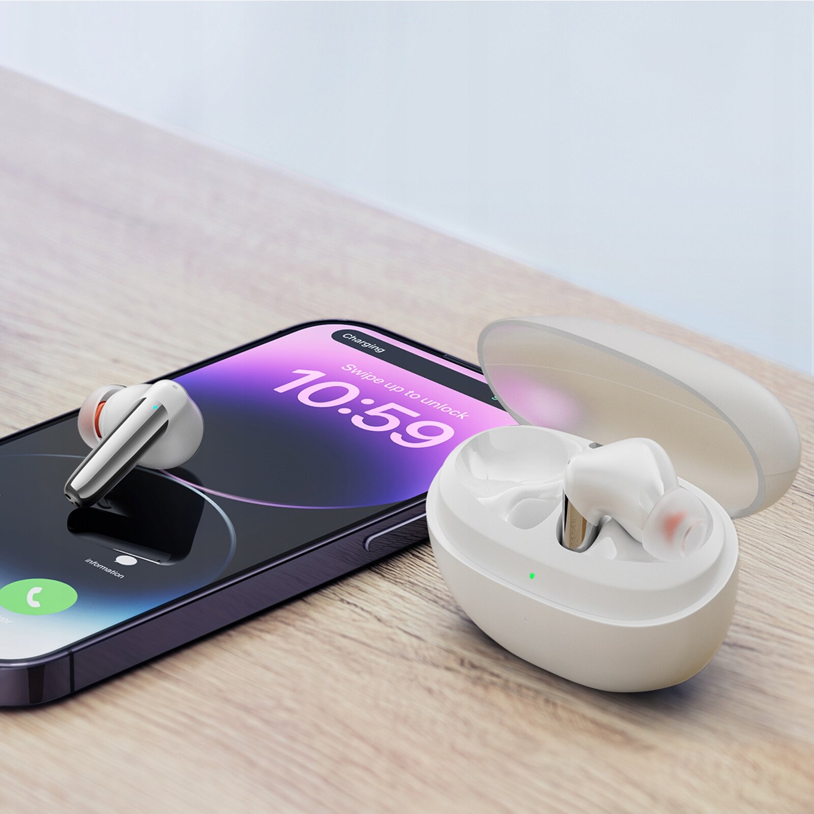 Na drewnianym stole leży smartfon z wyświetlaczem pokazującym godzinę 10:59 i napis \'Swipe up to unlock\'. Obok znajduje się otwarte etui z białymi słuchawkami bezprzewodowymi.