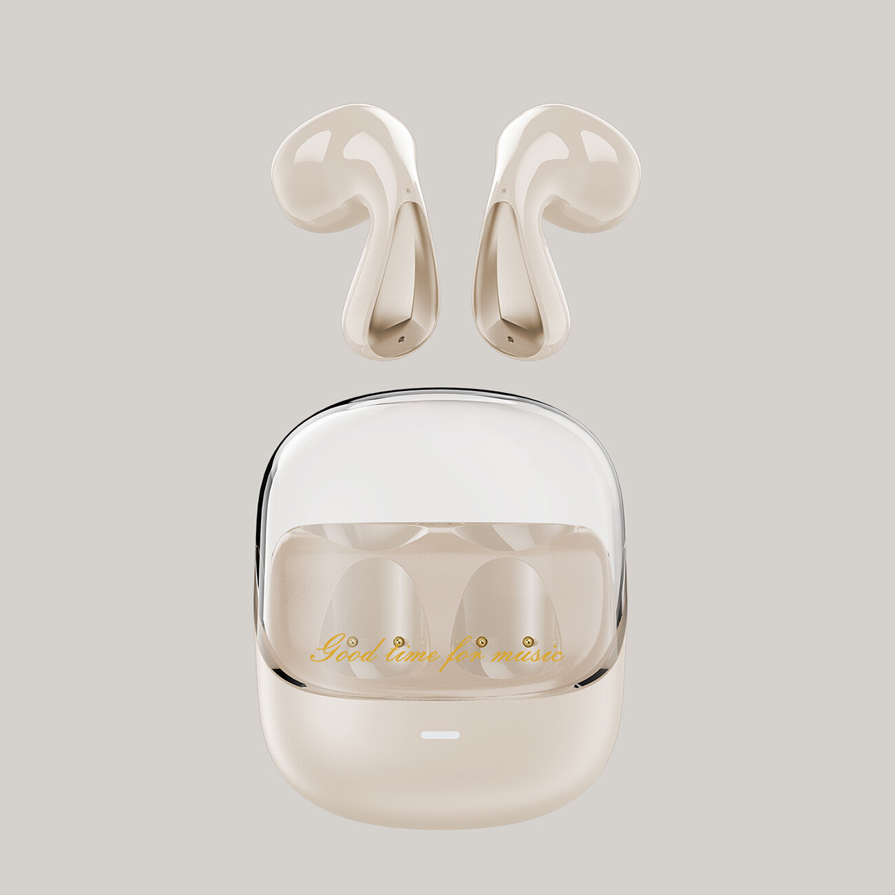 Na obrazie widoczne są białe słuchawki bezprzewodowe oraz etui z przezroczystą pokrywą. Na etui znajduje się napis \'Good time for music\'.