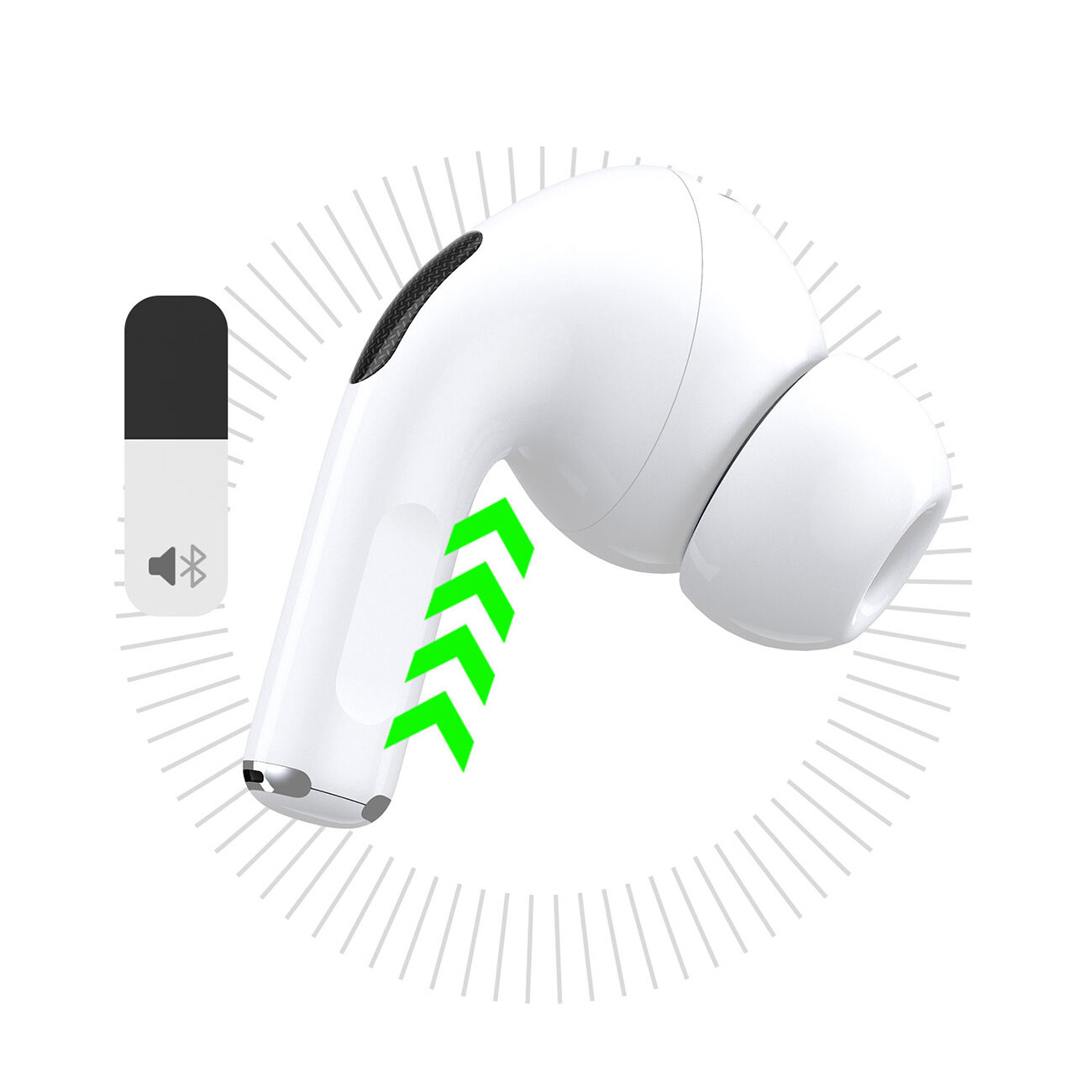 Biała słuchawka douszna z silikonową końcówką i czarnym elementem na obudowie. Obok widoczny jest symbol Bluetooth i ikona wyciszenia.