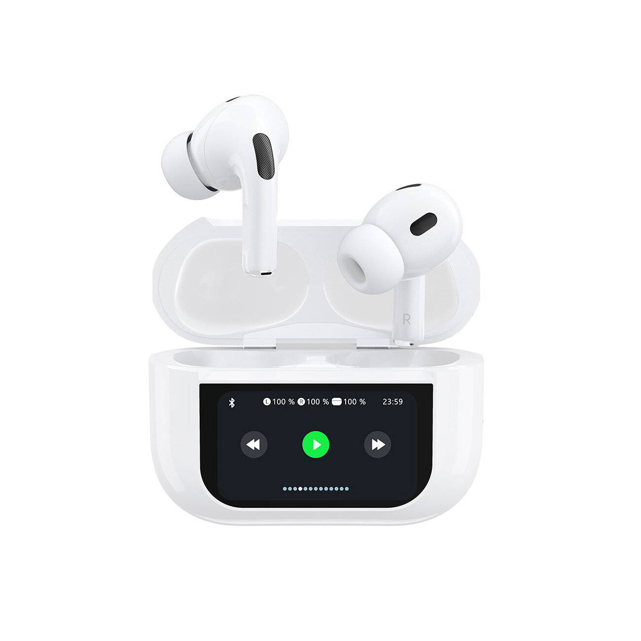 Białe bezprzewodowe słuchawki douszne z wyświetlaczem LED na etui, pokazującym ikony Bluetooth, poziom naładowania baterii oraz czas. Etui jest otwarte, a słuchawki są umieszczone w środku.