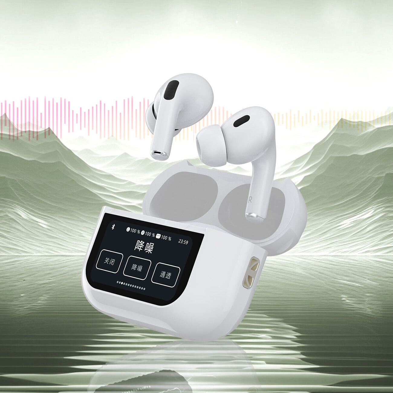 Białe bezprzewodowe słuchawki douszne z wyświetlaczem LED na etui, na którym widoczny jest tekst w języku chińskim oraz ikony baterii i Bluetooth. W tle znajduje się abstrakcyjny krajobraz z falami i linią dźwięku.