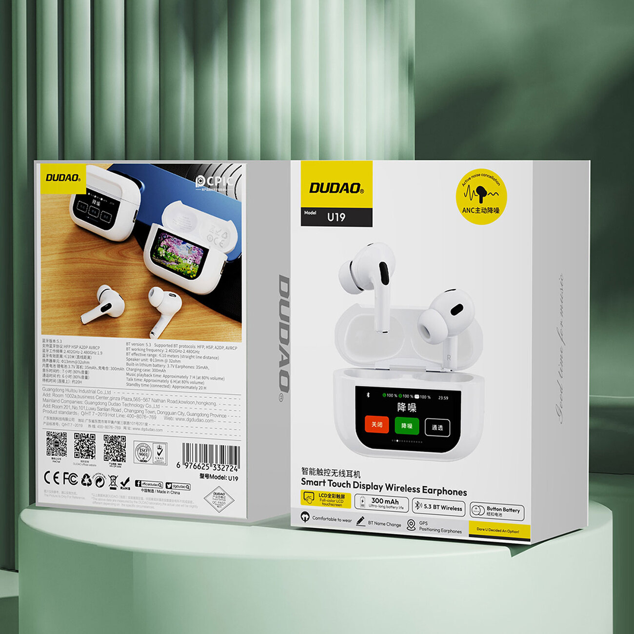Opakowanie słuchawek Dudao U19 z wyświetlaczem LED, przedstawiające produkt w kolorze białym. Widoczne są informacje o funkcjach, takich jak Bluetooth 5.3 i pojemność baterii 300 mAh.