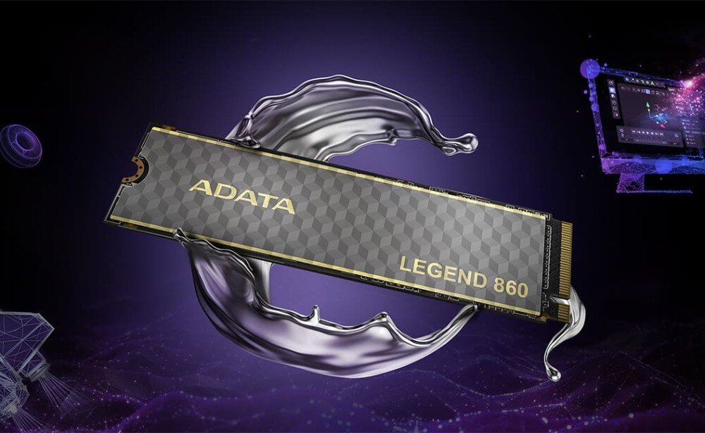 Dysk ADATA Legend 860 2TB SSD Zbliżenie na cienki dysk w formacie M.2 unoszący się w przestrzeni na tle fioletowego tła z metaliczną strukturą w kształcie pierścienia, opis
