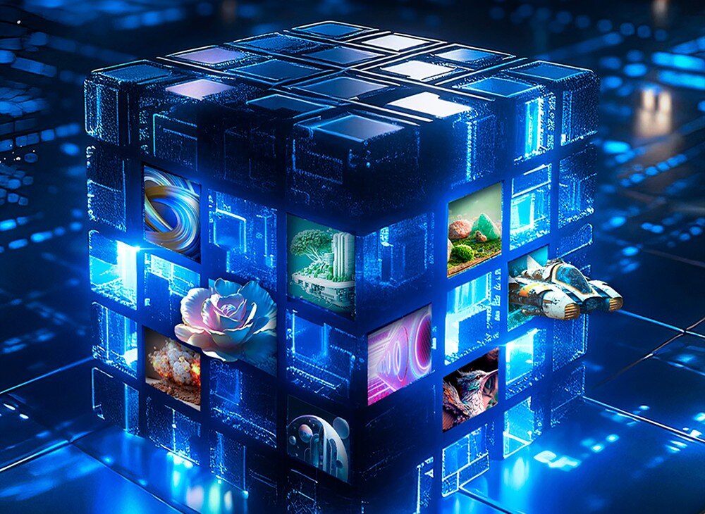 Dysk ADATA Legend 860 2TB SSD Sześcian zbudowany z cyfrowych niebieskich bloków z miniaturowymi obrazami przedstawiającymi rośliny, zwierzęta, pojazdy i pejzaże, pojemność, wytrzymałość, żywotność