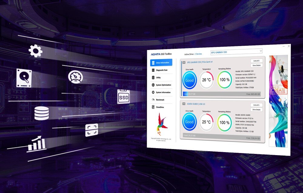 Dysk ADATA Legend 860 2TB SSD Interfejs programu komputerowego przedstawiający panel monitorowania dysku z informacjami o temperaturze i stanie, na tle futurystycznej przestrzeni z ikonami dysków i wykresów, oprogramowanie, narzędzia, funkcje