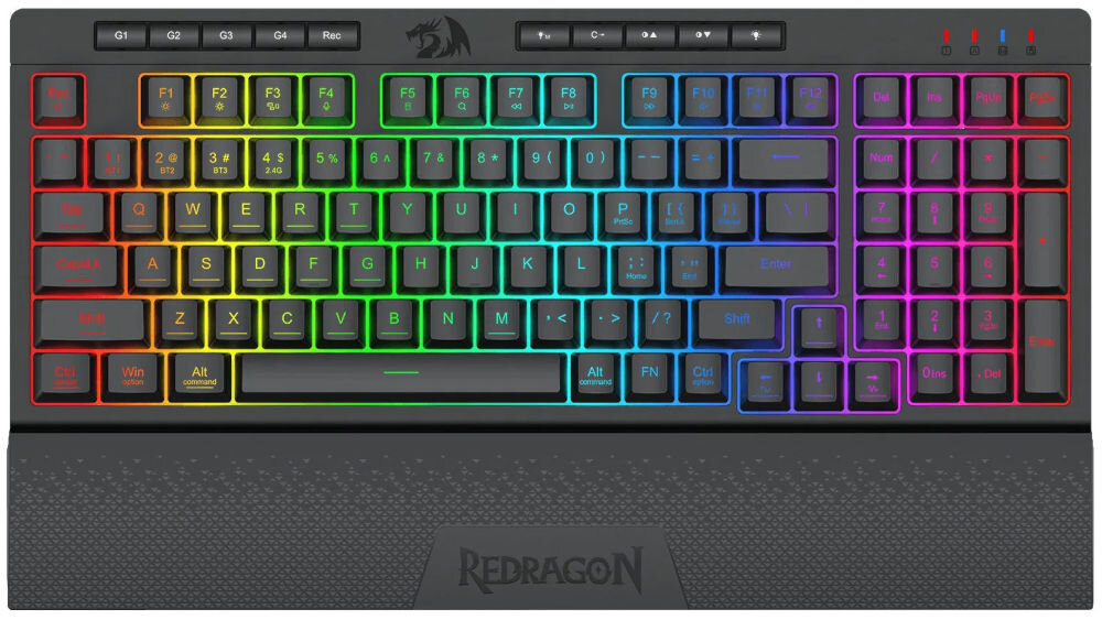 Klawiatura REDRAGON K515-RGB Shiva 98 funkcjonalny rozmiar 96%, 98 klawiszy, klawisze numeryczne i funkcyjne, układ US, membranowa, funkcjonalność pełnowymiarowej klawiatury,
wymiary ok. 383 × 155,95 × 39,87 mm, produkt na białym tle