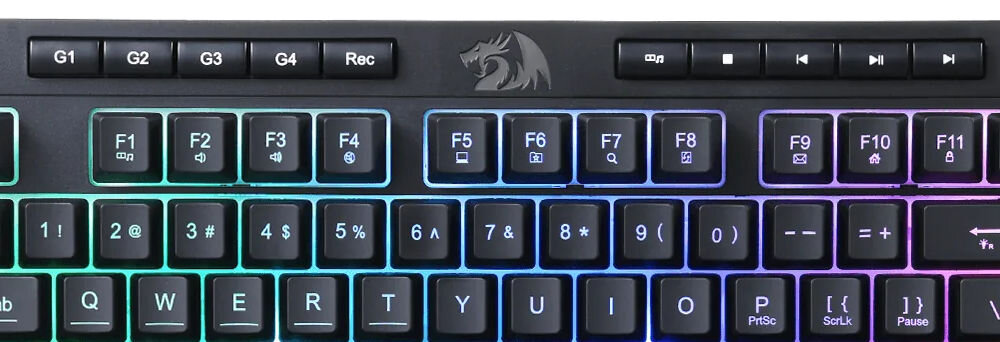 Klawiatura REDRAGON K515-RGB Shiva 98 dostosowana do Ciebie, 4 dedykowane klawisze makro (G1~G4), możliwość zaprogramowania bez potrzeby instalowania dodatkowego
oprogramowania, dedykowane klawisze multimedialne zatrzymywanie, odtwarzanie, pauzowanie oraz przełączanie
między utworami, zbliżenie na klawisze makro oraz multimedialne
