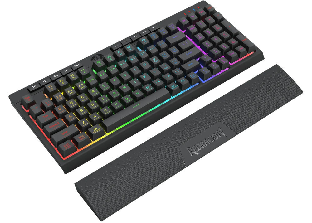 Klawiatura REDRAGON K515-RGB Shiva 98 z myślą o wygodzie, w zestawie magnetyczna odłączana podpórka pod nadgarstki o ergonomicznym kształcie, magnetyczne mocowanie,
produkt z odłączoną podkładką na białym tle