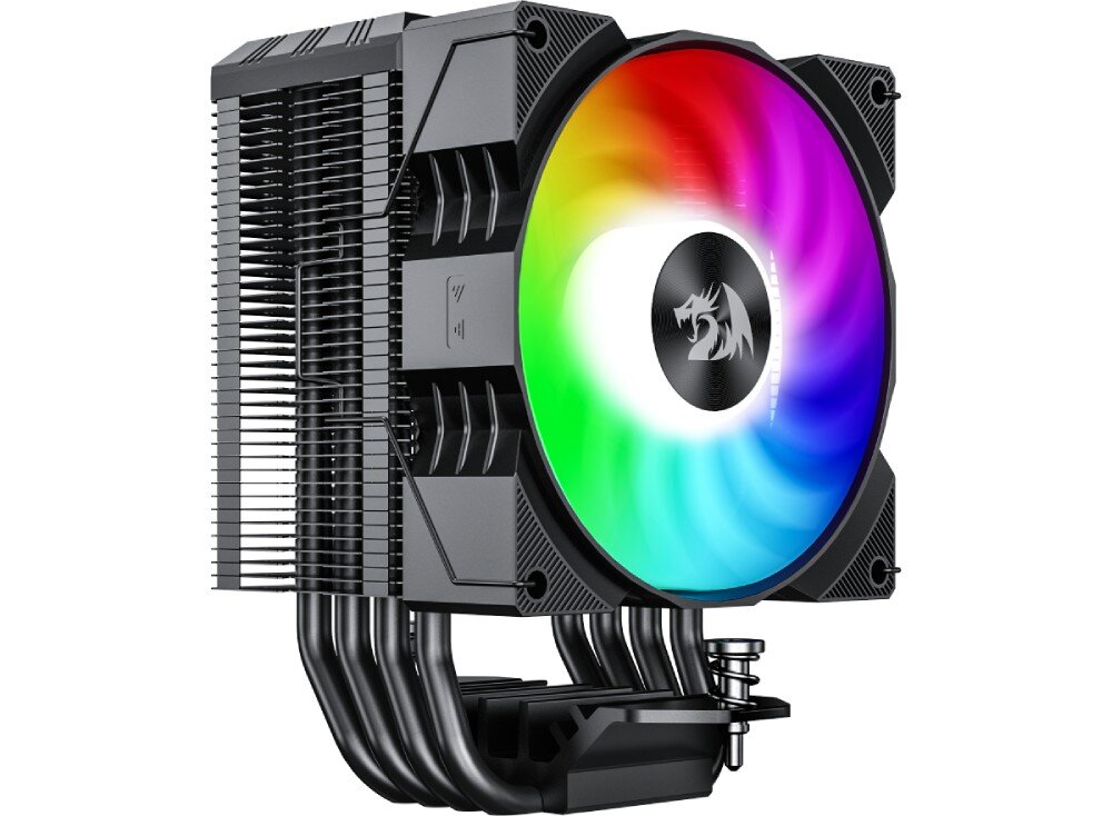 Chłodzenie CPU REDRAGON CC-1014 Widok z boku na chłodzenie procesora z dużym wentylatorem RGB i logo smoka pośrodku, opis