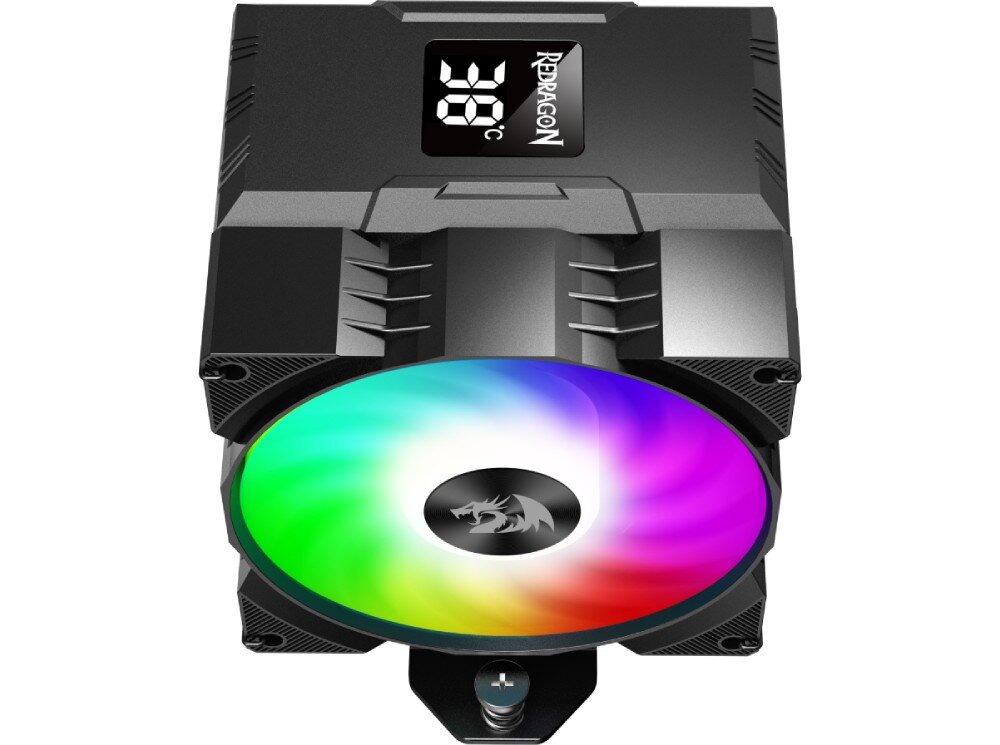 Chłodzenie CPU REDRAGON CC-1014 Widok z góry na chłodzenie procesora z podświetlanym wentylatorem RGB i cyfrowym wyświetlaczem temperatury, wielkość, wentylator