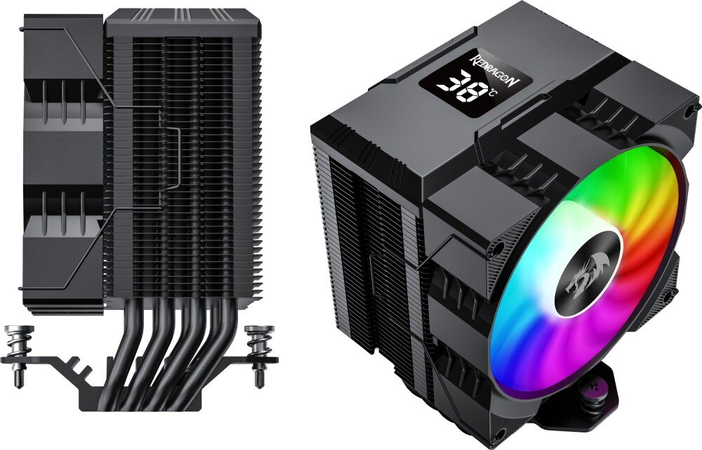 Chłodzenie CPU REDRAGON CC-1014 Widok pod kątem na chłodzenie procesora z wentylatorem RGB i wyświetlaczem temperatury na obudowie, łożysko, żywotność, TDP
