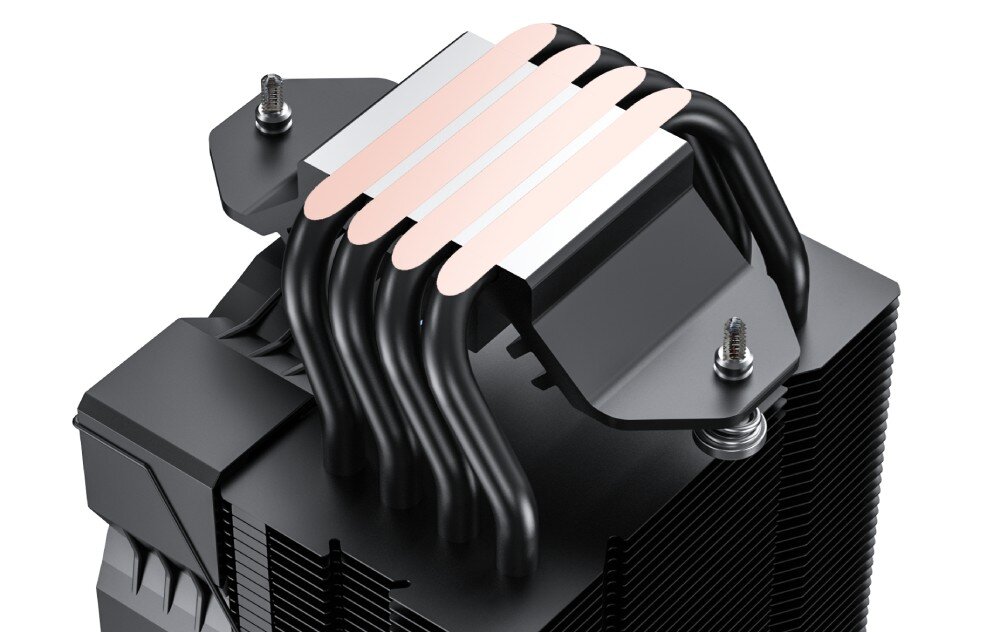 Chłodzenie CPU REDRAGON CC-1014 Widok od dołu na chłodzenie procesora z pięcioma ciepłowodami i miedzianą podstawą stykającą się z procesorem, kompatybilność, gniazda