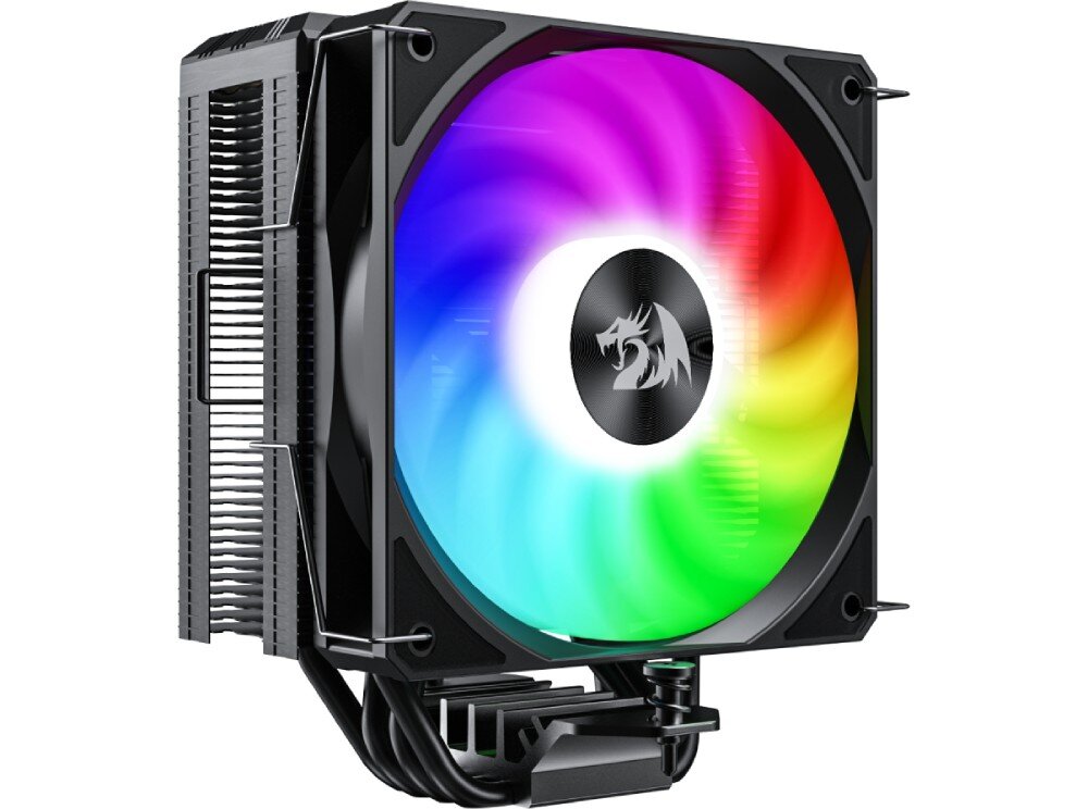 Chłodzenie CPU REDRAGON CC-1013 Chłodzenie procesora z wentylatorem o podświetleniu RGB i pionowym układem radiatora z widocznymi rurkami cieplnymi, opis