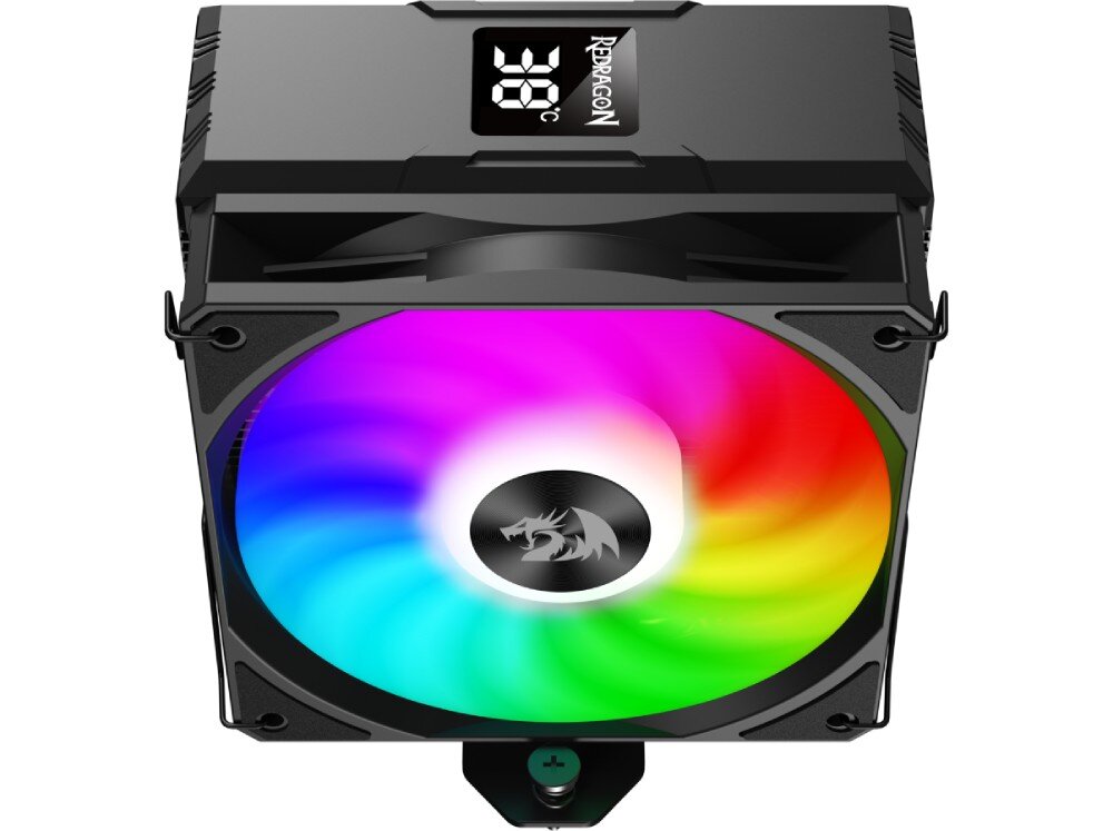 Chłodzenie CPU REDRAGON CC-1013 Widok chłodzenia procesora z góry. Widoczny wentylator RGB oraz cyfrowy wyświetlacz temperatury na górnej obudowie, wielkość, waga, wentylator