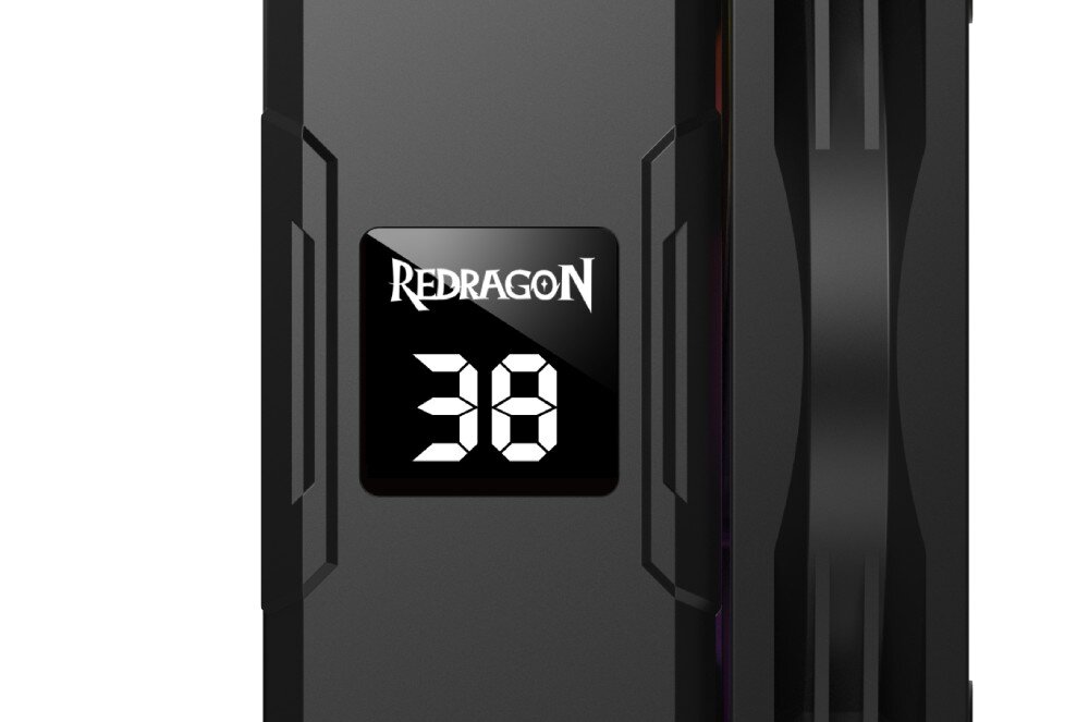 Chłodzenie CPU REDRAGON CC-1013 Zbliżenie na cyfrowy wyświetlacz z logo producenta i temperaturą 38 stopni, wyświetlacz, informacje, podświetlenie