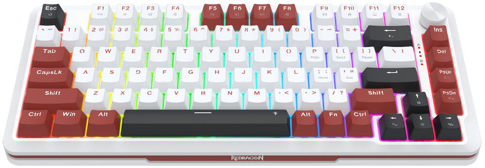 Klawiatura REDRAGON K721WRB-RGB Stormhunter
funkcjonalny układ w rozmiarze 75% o wymiarach ok. 334,7 × 140,4 × 42,8 mm, wyposażona w 81 klawiszy, łatwy dostęp do klawiszy strzałek, rzędu funkcyjnego oraz sekcji nawigacyjnej,
produkt na białym tle