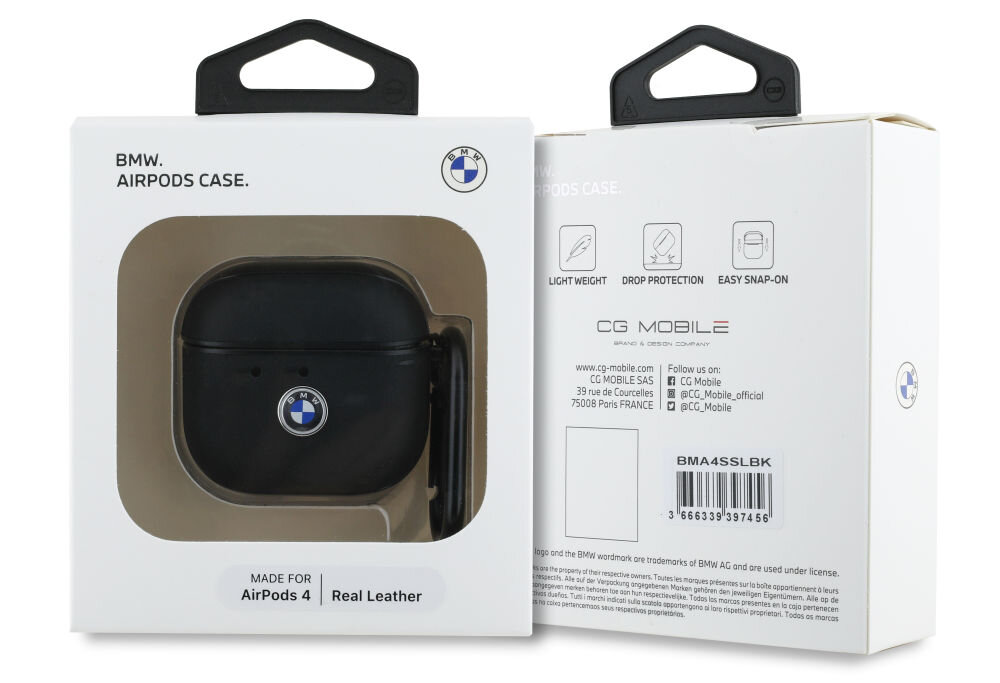 Opakowanie etui na słuchawki z logo BMW, przeznaczone dla AirPods 4, wykonane z prawdziwej skóry. Na opakowaniu widoczne są napisy: \'BMW. AIRPODS CASE.\', \'MADE FOR AirPods 4\', \'Real Leather\', oraz logo CG Mobile.