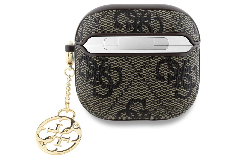 Etui Guess 4G Charm Collection do AirPods 4/5 — logo Guess i dekoracyjna zawieszka 4G w złotym kolorze
